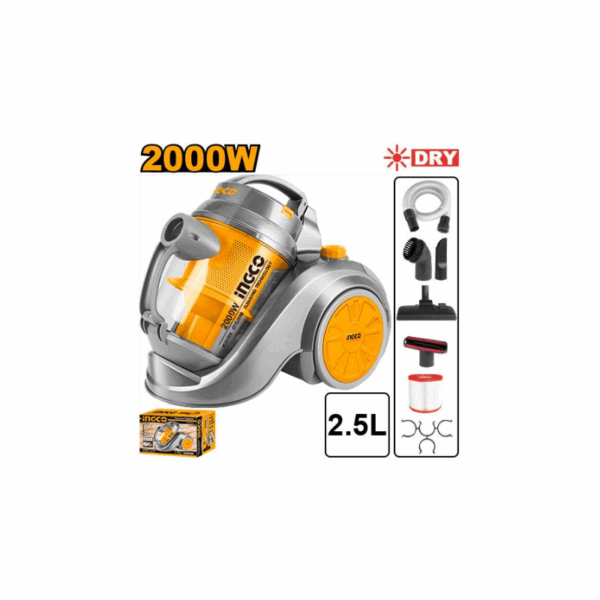 Ingco Vacuum Cleaner 2.5L 2000W With Copper Wire Motor, Speed Control Function, Thermo Fuse, Soft Start Vc20258