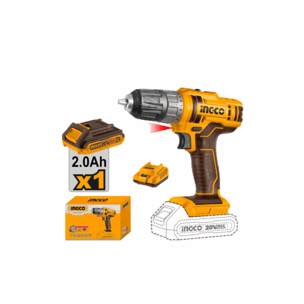 Ingco Cordless Drill Lithium-Ion 20V 45Nm With Integrated Work Light &Amp; Led Battery Power Indicator Cdli200518