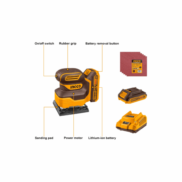 Ingco Cordless Sheet Sander 20V With Battery &Amp; Charger, 5Pcs Sand Paper Cshsli20141