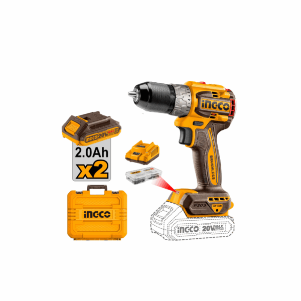 Ingco Compact Brushless Cordless Drill Lithium-Ion 20V 60Nm With 2 Speed Gear, Led Battery Indicator, Work Light Cdli20602