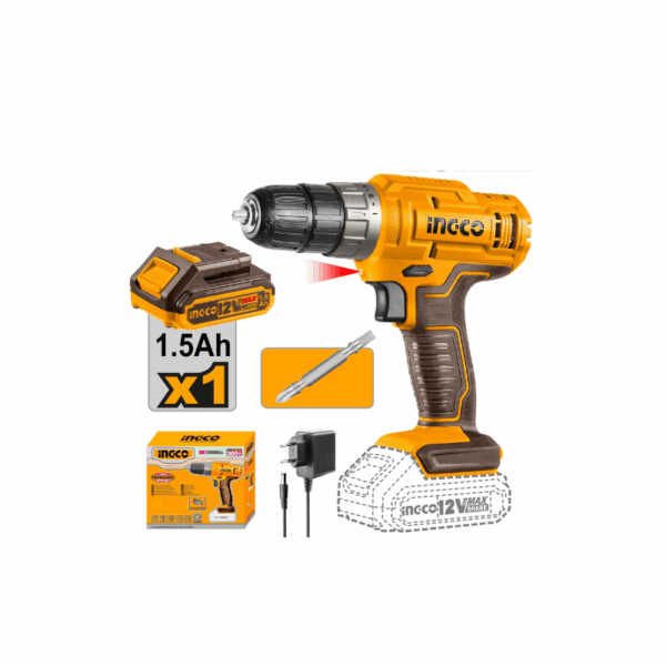 Ingco Cordless Drill Lithium-Ion 12V 20Nm With Integrated Work Light &Amp; Led Battery Power Indicator Cdli1218