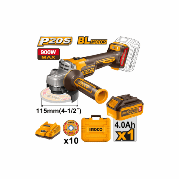 Ingco Cordless Angle Grinder Lithium-Ion 20V With Brushless Motor, Variable Speed Control Cagli211541