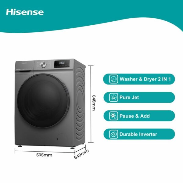 Hisense Washing Machine 8Kg &Amp; Dryer 5Kg Smart Wi-Fi Connectlife App Inverter Jet Titanium Grey Wd3Q8043Bt