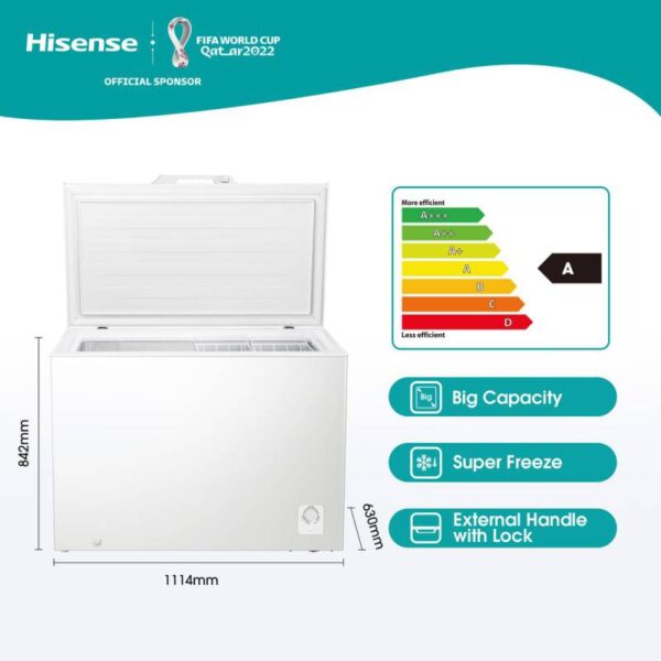 Hisense Chest Freezer 297L Multimode Function, Energy Saving, Spring-Load Hinges, Defrost Drain, Handle, Aluminum, Super Freezer, Lock, White H390Cf