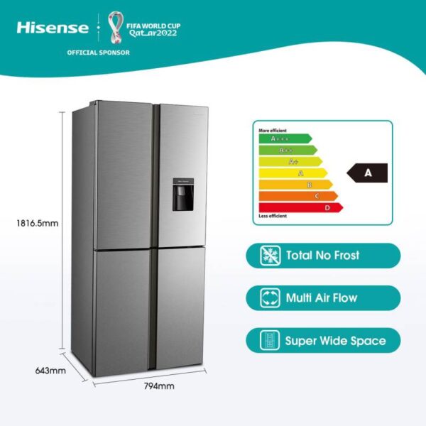 Hisense Refrigerator 392L 4 Cross Door With Water Dispenser, Total No Frost, Super Wide Space, Led Lighting, Multi Air Flow Technology H520Fi-Wd