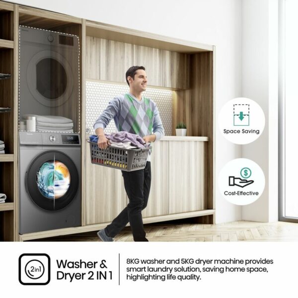 Hisense Washing Machine 8Kg &Amp; Dryer 5Kg Smart Wi-Fi Connectlife App Inverter Jet Titanium Grey Wd3Q8043Bt