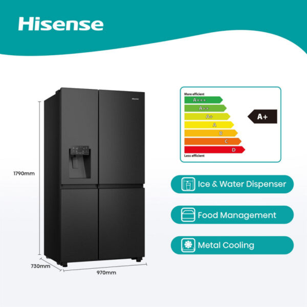 Hisense Refrigerator 601L Side By Side Door, Water &Amp; Ice Dispenser, Black Stainless Steel H780Sb-Idl