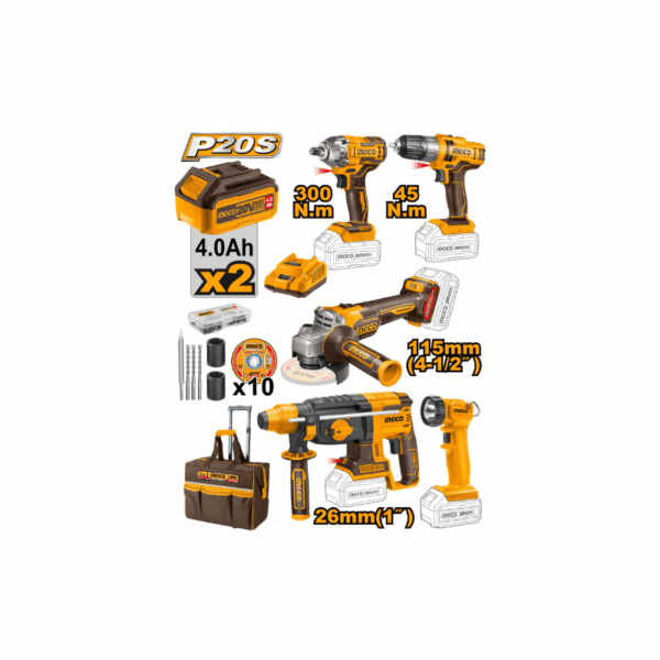 Ingco 5Pcs Cordless Industrial Combo Kit Lithium-Ion 20V Ckli2019