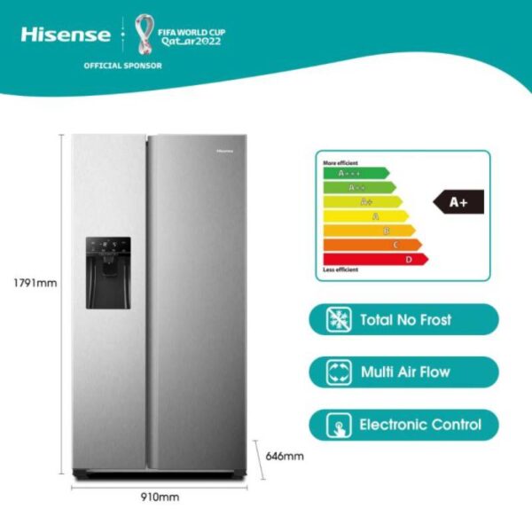 Hisense Refrigerator 474L Side By Side Door, Water Dispenser, Ice Maker, No Frost, Multi Airflow, Touch Electronic Control, Led Lighting, Water Tank, Super Freeze, Stainless Steel H690Ss-Idl