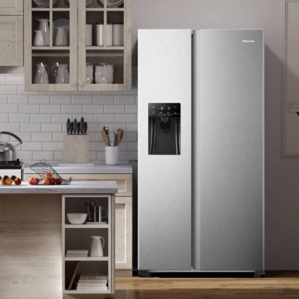 Hisense Refrigerator 474L Side By Side Door, Water Dispenser, Ice Maker, No Frost, Multi Airflow, Touch Electronic Control, Led Lighting, Water Tank, Super Freeze, Stainless Steel H690Ss-Idl