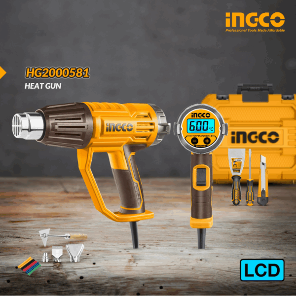 Ingco Electric Heat Gun 2000W With Lcd Screen, 3Pcs Nozzle &Amp; 1 Scraper Hg2000581