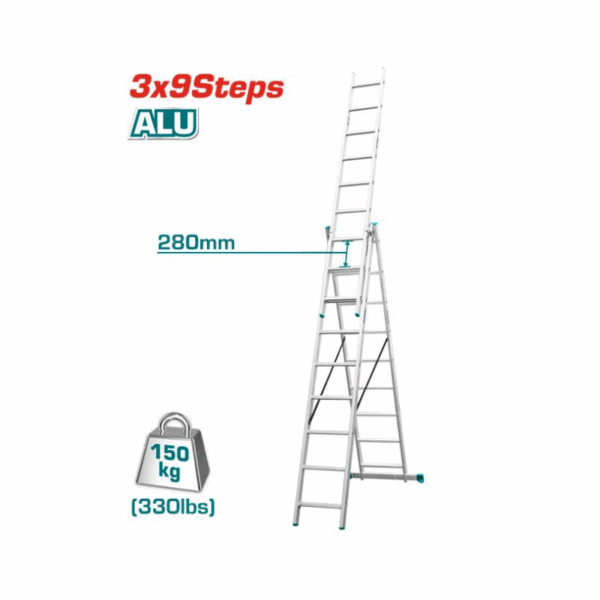 Total 3 Section Extension Ladder 3X9 Steps, Aluminium Body Thlad03391