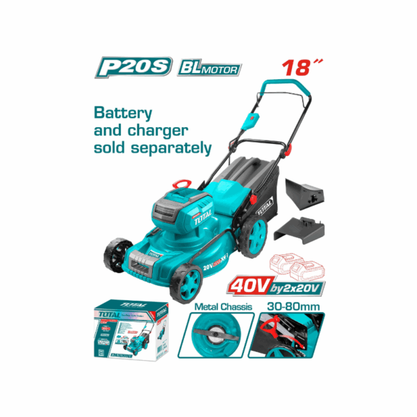 Total Lawn Mower Cordless, Lithium-Ion 40V(20V+20V) With 8 Gears, Brushless Motor, 3 Functions Tlmli20185
