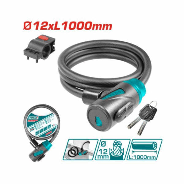 Total Bicycle Lock With Lock Frame 12X1000Mm Pvc Coated Braided With 2Pcs Brass Keys Tbk11210