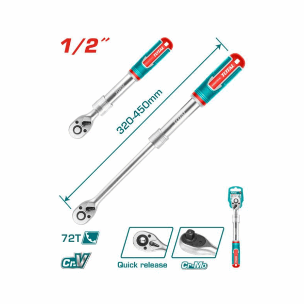 Total Extendable Ratchet Wrench 1/2&Quot; 72T Heat Treatment, Chromed Plated Tht106128L