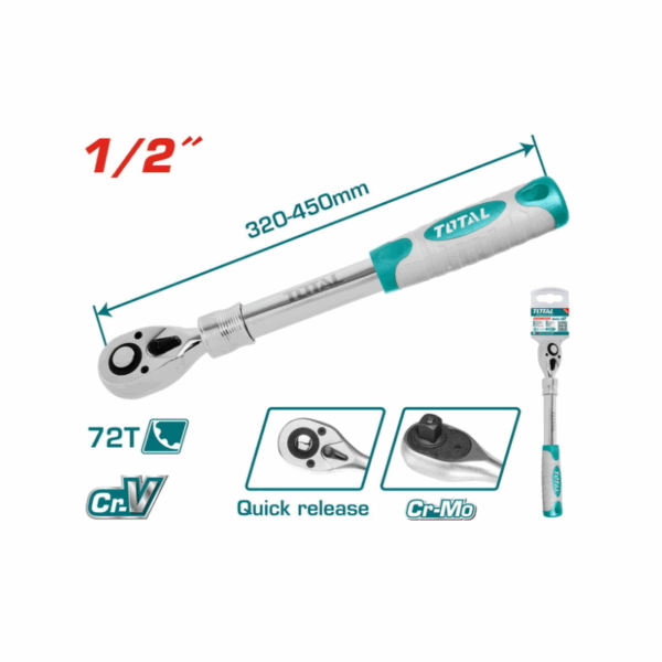 Total Extendable Ratchet Wrench 1/2&Quot; 72T Heat Treatment, Chromed Plated Tht106128L