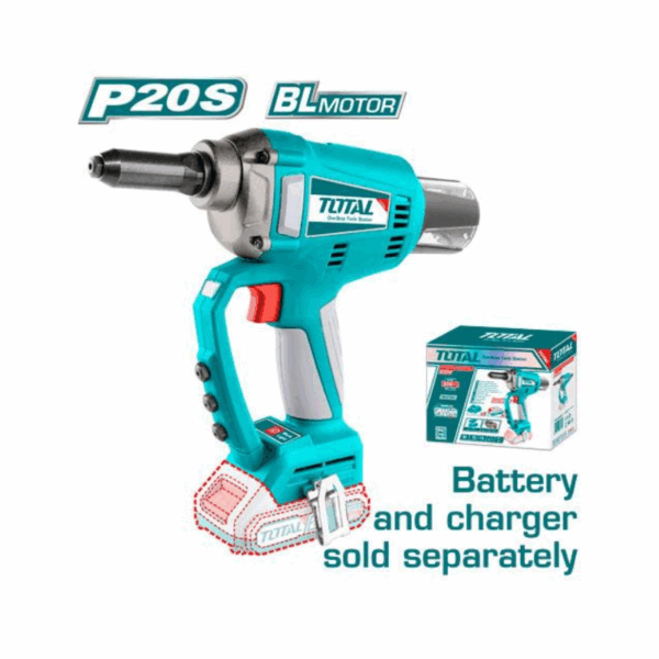 Total Rivet Gun Cordless, Lithium-Ion 20V With Brushless Motor, Integrated Work Light, 20Kn Pulling Force Trtli2005