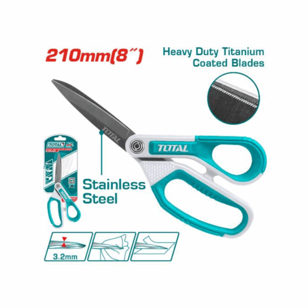 Total Rubber Grip Long Blade Scissor 210Mm 8&Quot; With Unique Design Handle, Titanium Plated Stainless Steel Blade Thscrs812108