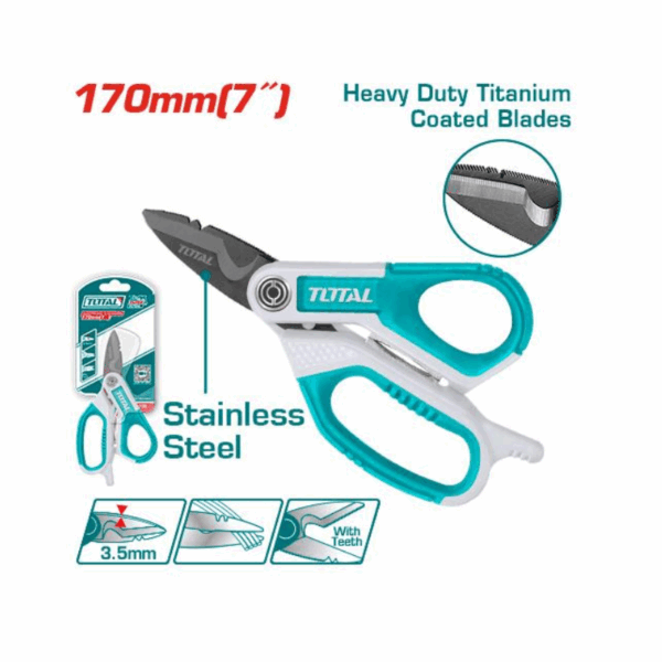 Total Electrician'S Scissor 170Mm 7&Quot; For Electrical &Amp; Data Cable Work With Integrated Cable Cutter, Titanium Plated Stainless Steel Thes051708