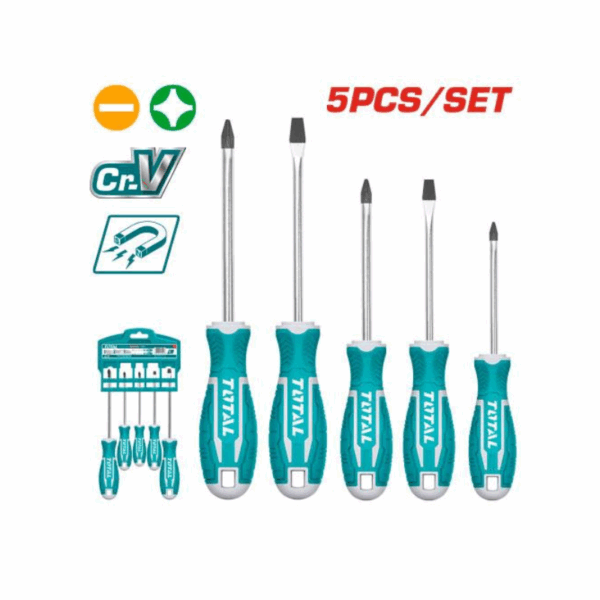Total 5Pcs Screwdriver Set With New Design Handle, Crv Material, Round Blade Tht2506052