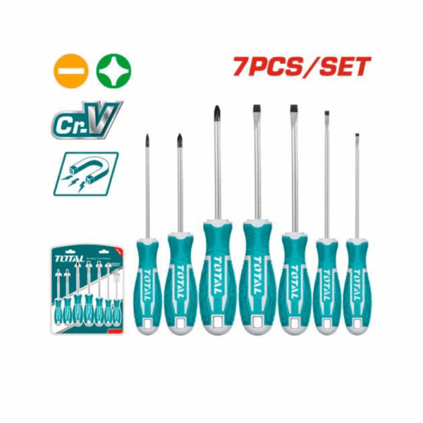 Total 7Pcs Screwdriver Set With New Design Handle, Crv Material, Round Blade Tht2506072