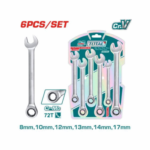 Total 6Pcs Ratchet Spanner Set 8-17Mm High Quality Cr-Mo, Cr-V Material, Fine Polished Tht102Rk566
