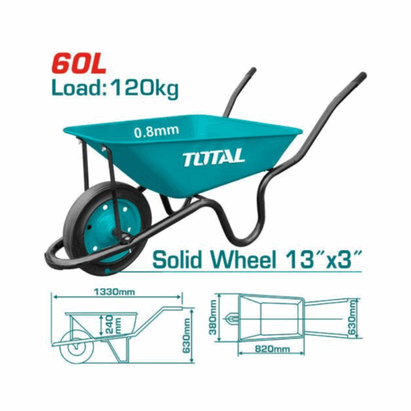 Total Wheel Barrow 120Kg 60L With 13X3&Quot; Solid Wheel, 4Cbf Sand Capacity Thtwb380008