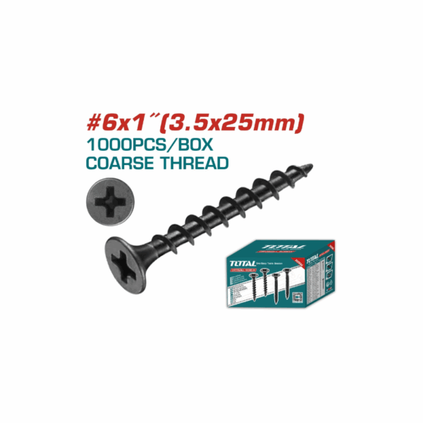 Total Drywall Screw #6X1&Quot; (3.5X25Mm) Coarse Thread For Gypsum Phillips Drive, Carbon Steel, Phosphatized Black 1000Pcs Box Thwds611