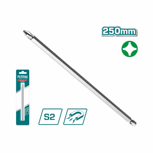 Total Magnetic Tip Screw Driver Bit 250Mm, Ph2, S2 Industrial Steel, Sandblasted Surface Tac16Ph2104