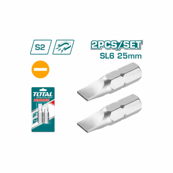Total Magnetic Tip Screwdriver Bit Sl6X1.0 25Mm, S2 Industrial Steel 2Pcs Set Tac16Sl614