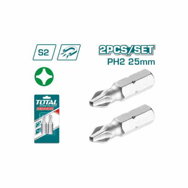Total Magnetic Tip Screwdriver Bit Ph2 25Mm, S2 Industrial Steel 2Pcs Set Tac16Ph214