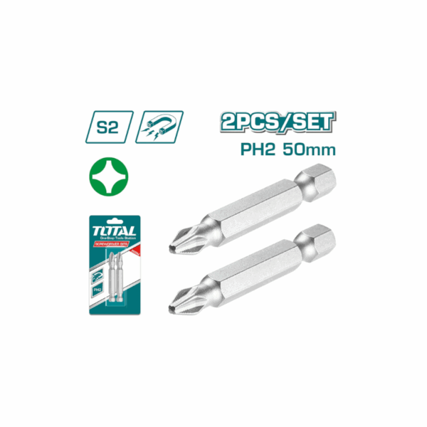 Total Magnetic Tip Screwdriver Bit Ph2 50Mm, S2 Industrial Steel 2Pcs Set Tac16Ph224