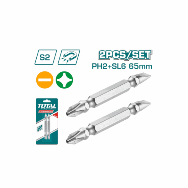 Total Magnetic Tip Screwdriver Bit Ph2+Sl6X1.0 65Mm, S2 Industrial Steel 2Pcs Set Tac16Hl234