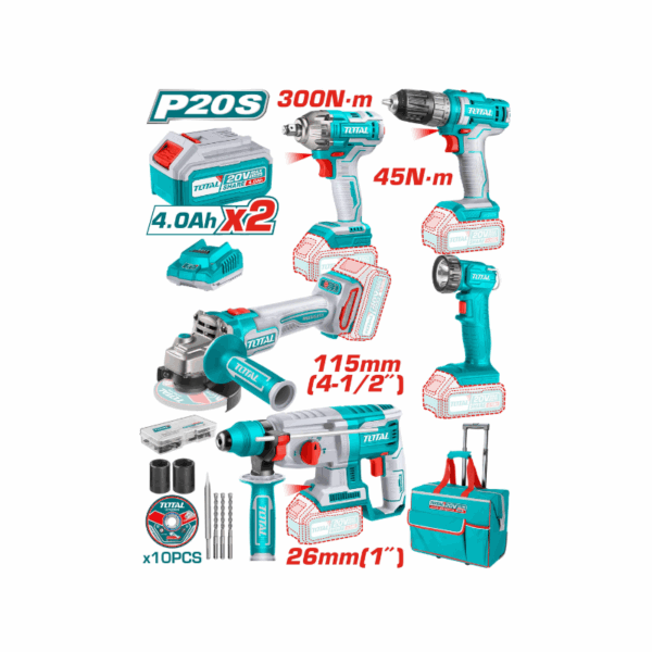 Total 5Pcs Industrial Combo Kit, Cordless Lithium-Ion 20V Tckli2019