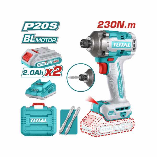 Total Cordless Impact Driver 230Nm Lithium-Ion 20V With Screwdriver Bits, Battery &Amp; Charger Tirli2023