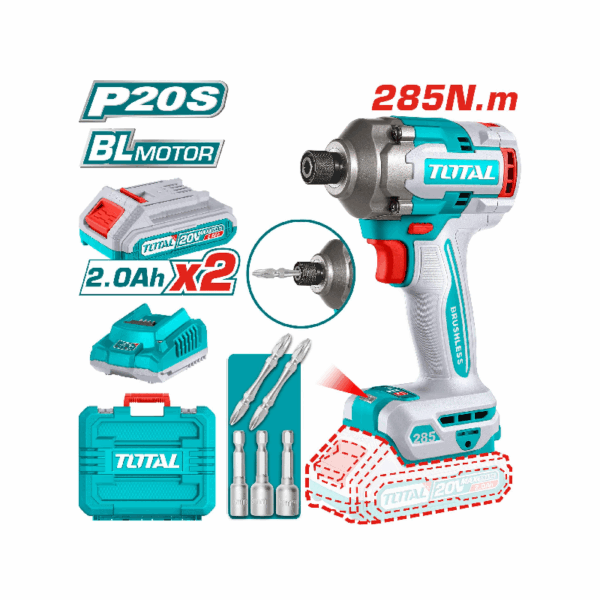 Total Cordless Impact Driver 285Nm Lithium-Ion 20V With Screwdriver Bits, Nut Setters, Battery &Amp; Charger Tirli2028