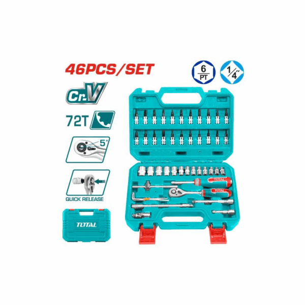 Total Socket Set 1/4&Quot; With Three Colour Soft Handle, Chromed Plated, Heat Treated Tht141462 (Pack Of 46Pcs)
