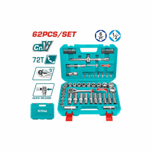 Total Socket Set 1/2&Quot; With Three Colour Soft Handle, Chromed Plated, Heat Treated Tht121602 (Pack Of 62Pcs)