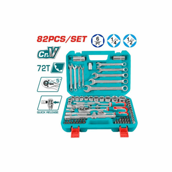Total Socket Set 1/4&Quot; &Amp; 1/2&Quot; With Three Colour Soft Handle, Chromed Plated, Heat Treated Tht421802 (Pack Of 82Pcs)