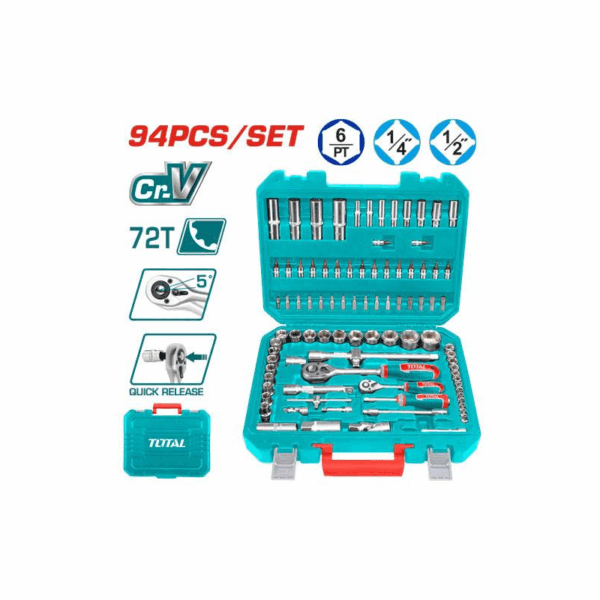Total Socket Set 1/4&Quot; &Amp; 1/2&Quot; With Three Colour Soft Handle, Chromed Plated, Heat Treated Tht421942 (Pack Of 94Pcs)