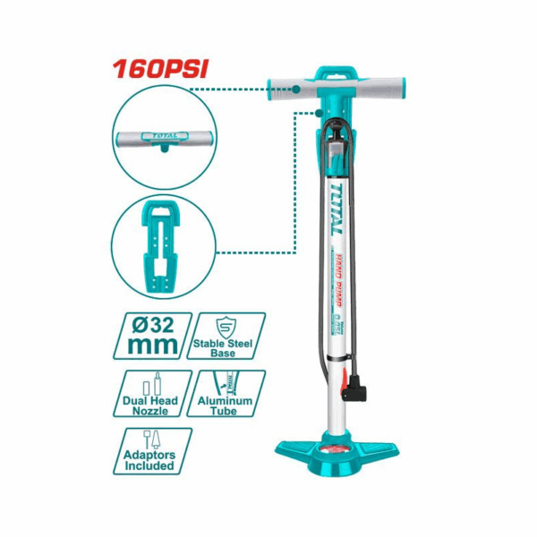 Total Tyre Hand Pump Φ32*580Mm With Bar &Amp; Psi Double Units, Aluminium Tube Tmpp3201