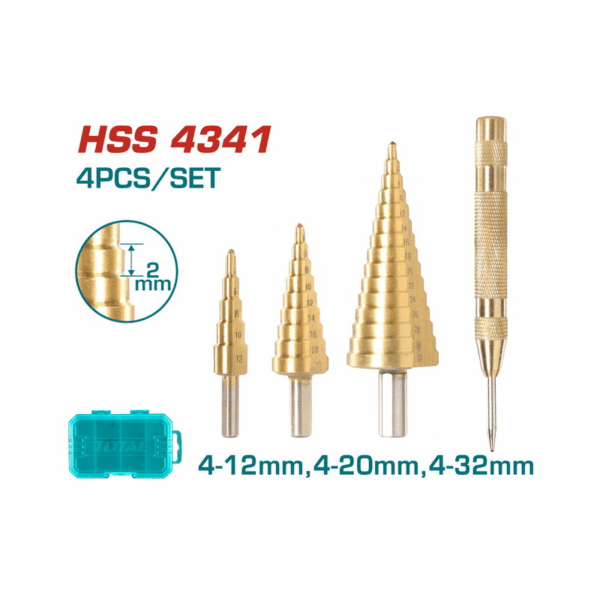 Total Step Drill Bit Set With Automatic Center Punch Tacsd2041 (Pack Of 4Pcs)