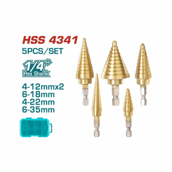 Total Step Drill Bit Set 1/4&Quot; Hex Shank Tacsd2051 (Pack Of 5Pcs)