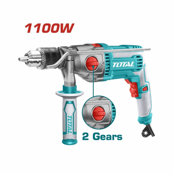 Total Impact Drill Machine 1100W With Variable Speed Control, Forward/Reverse Action, Hammer Function, 2 Mechanical Gearbox, Extra Carbon Brush Tg211166
