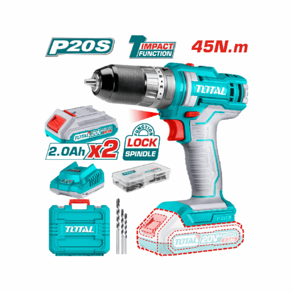 Total Cordless Impact Drill 45Nm Lithium-Ion 20V With 47Pcs Accessories, 3Pcs Masonry Drill Bits, 2Pcs 2.0Ah Battery, 1Pc Charger Tidli201452