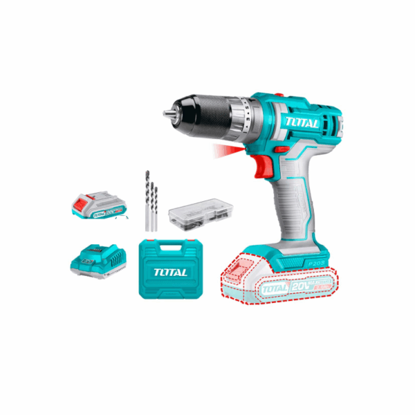 Total Cordless Impact Drill 45Nm Lithium-Ion 20V With 47Pcs Accessories, 3Pcs Masonry Drill Bits, 2Pcs 2.0Ah Battery, 1Pc Charger Tidli201452