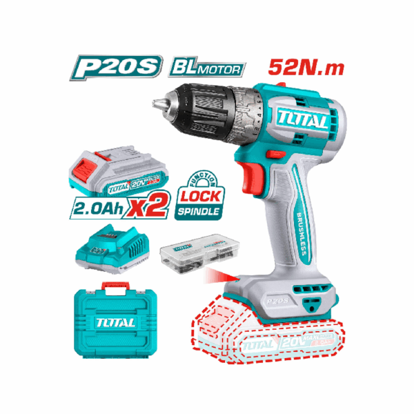 Total Cordless Impact Drill 52Nm Lithium-Ion 20V With Brushless Motor, 47Pcs Accessories, 2Pcs 2.0Ah Battery, 1Pc Charger Tdli20453