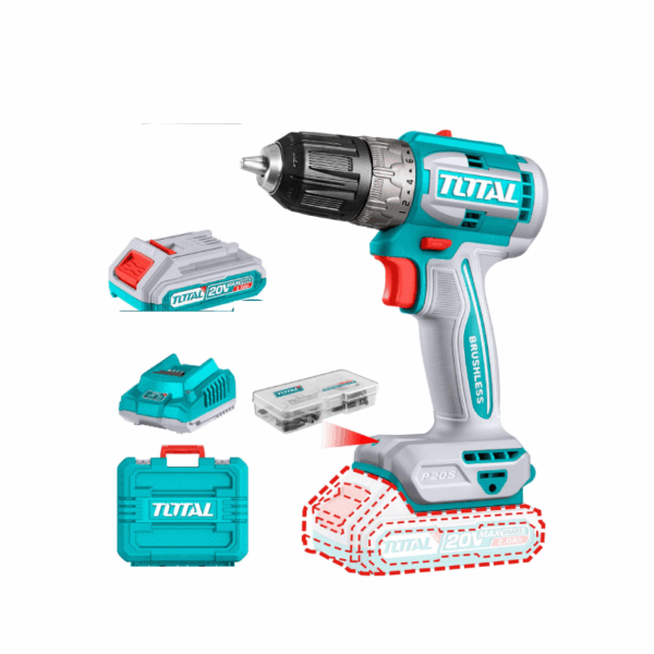 Total Cordless Impact Drill 52Nm Lithium-Ion 20V With Brushless Motor, 47Pcs Accessories, 2Pcs 2.0Ah Battery, 1Pc Charger Tdli20453