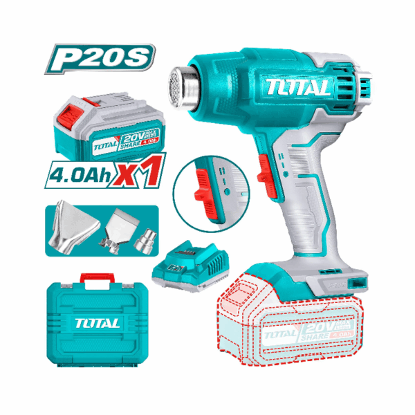 Total Cordless Heat Gun 20V 300/550°C With Reduction, Reflector &Amp; Flat Nozzle, 4.0Ah Battery &Amp; Charger Tbli20025