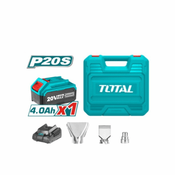 Total Cordless Heat Gun 20V 300/550°C With Reduction, Reflector &Amp; Flat Nozzle, 4.0Ah Battery &Amp; Charger Tbli20025